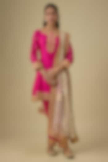 Hot Pink Silk Chanderi Zardosi Embroidered A-line Short Kurta Set by Sheetal Batra at Pernia's Pop Up Shop
