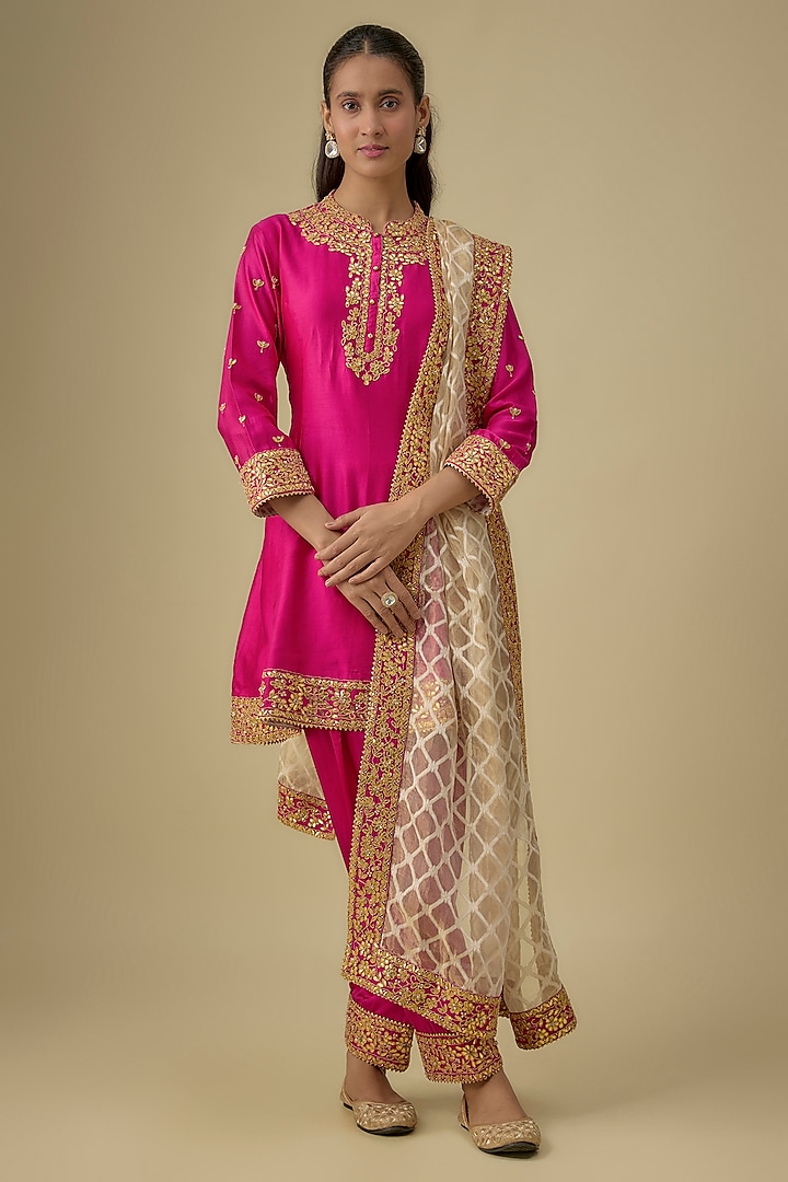 Hot Pink Silk Chanderi Zardosi Embroidered A-line Short Kurta Set by Sheetal Batra at Pernia's Pop Up Shop