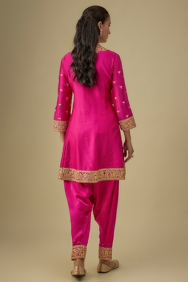 Hot Pink Silk Chanderi Zardosi Embroidered A-line Short Kurta Set by Sheetal Batra at Pernia's Pop Up Shop