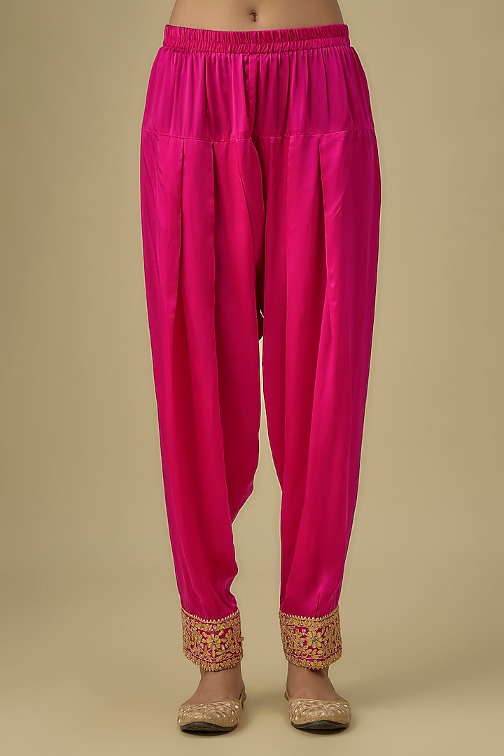 Hot Pink Silk Chanderi Zardosi Embroidered A-line Short Kurta Set by Sheetal Batra at Pernia's Pop Up Shop