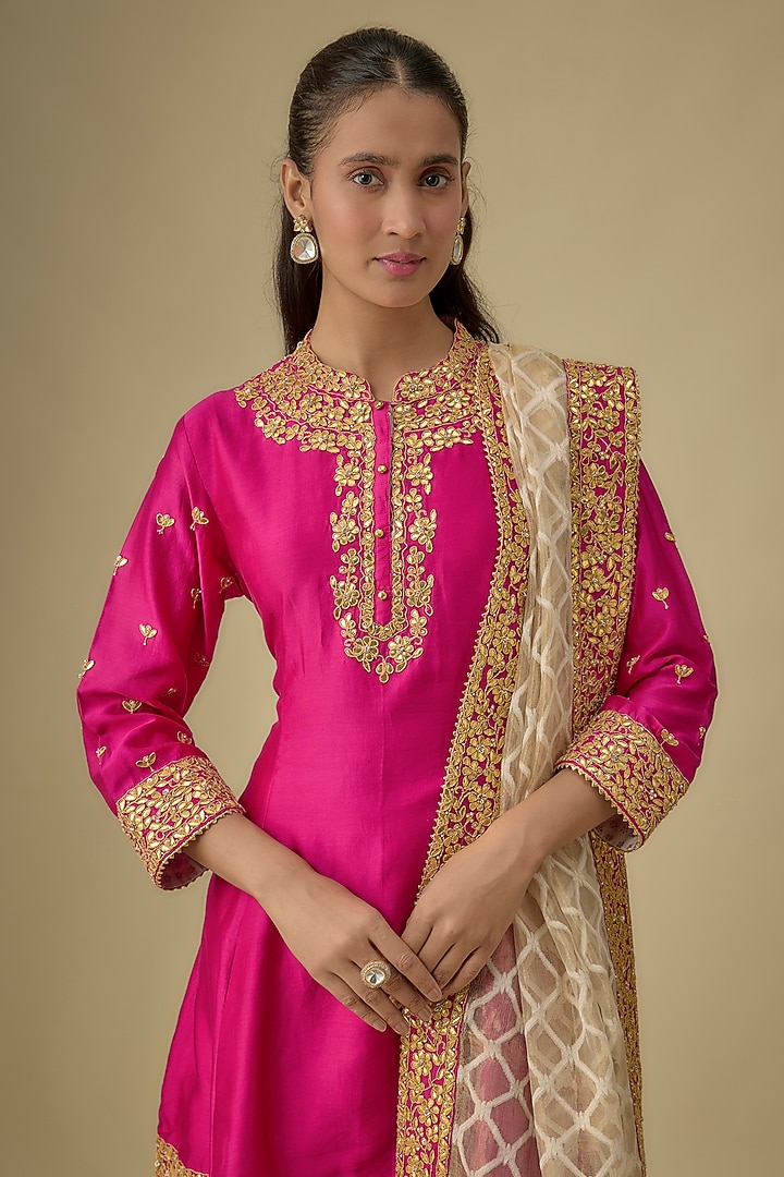 Hot Pink Silk Chanderi Zardosi Embroidered A-line Short Kurta Set by Sheetal Batra at Pernia's Pop Up Shop