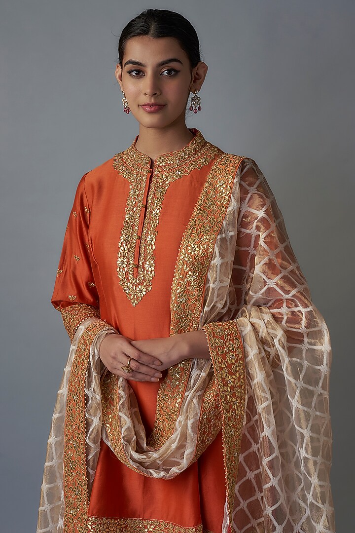 Orange Silk Chanderi Dabka Embroidered Kurta Set by Sheetal Batra at Pernia's Pop Up Shop