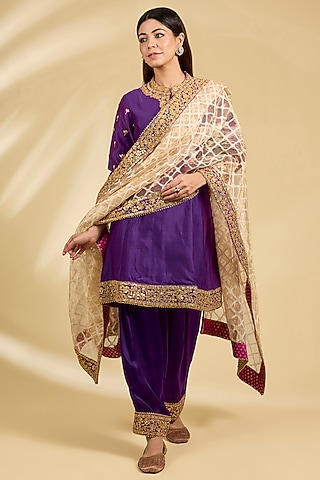 Purple Silk Chanderi Zardosi Embroidered Kurta Set by Sheetal Batra