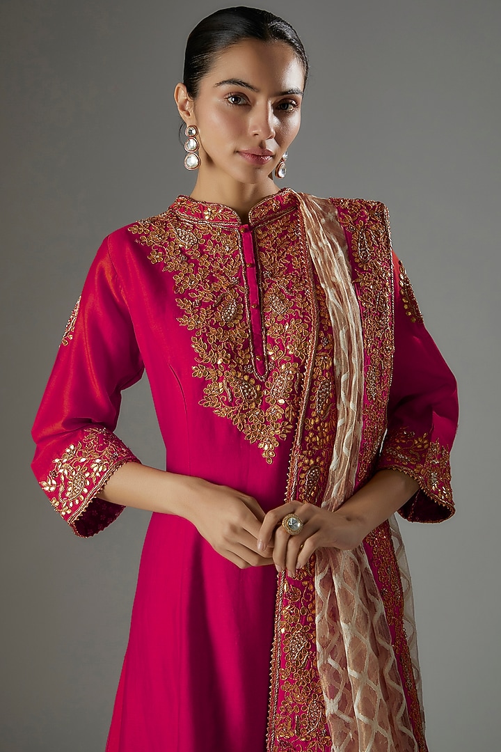Hot Pink Chanderi Silk Gota Embroidered Princess-Cut Kurta Set by Sheetal Batra at Pernia's Pop Up Shop