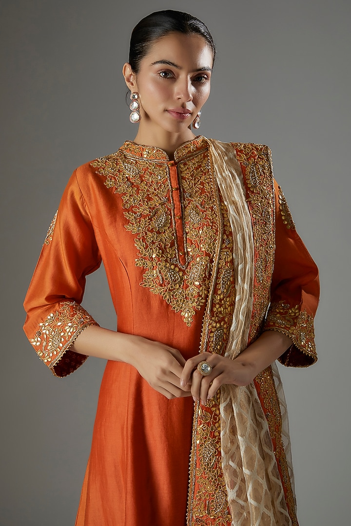 Orange Chanderi Silk Gota Patti Embroidered Kurta Set by Sheetal Batra at Pernia's Pop Up Shop