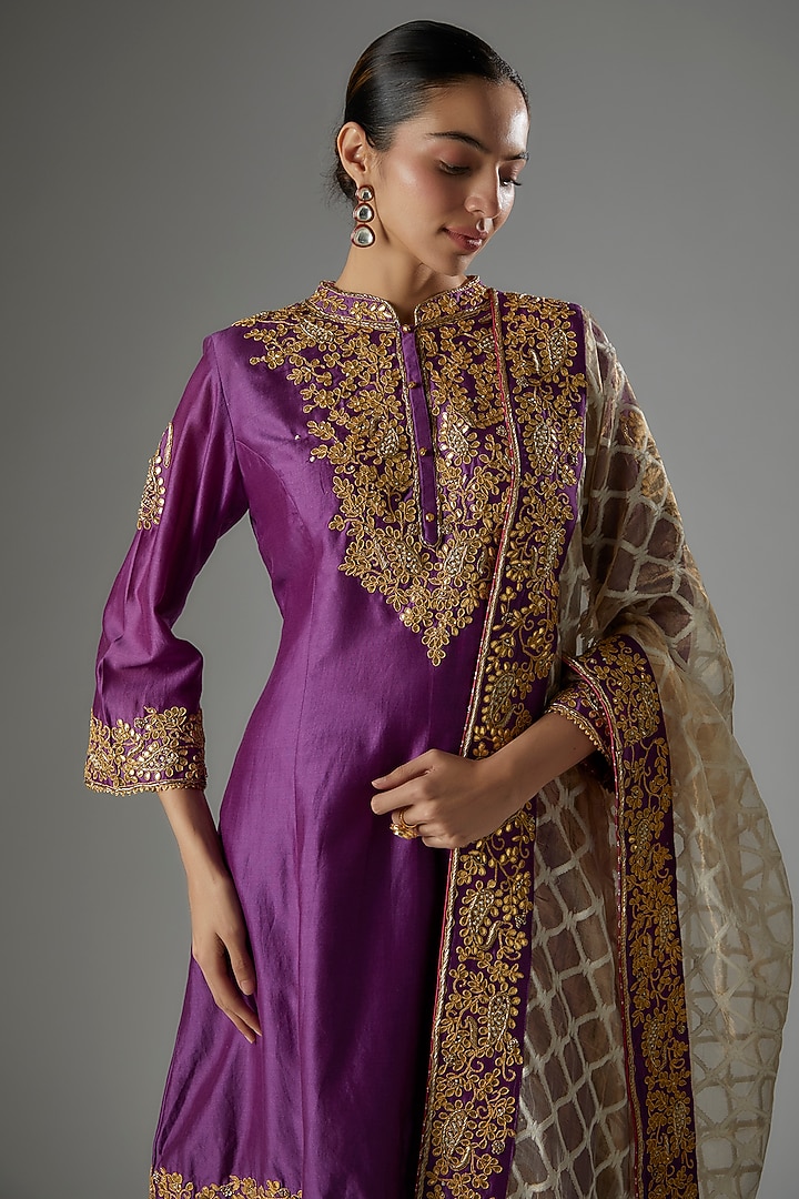 Purple Chanderi Silk Gota Patti Embroidered Kurta Set by Sheetal Batra at Pernia's Pop Up Shop