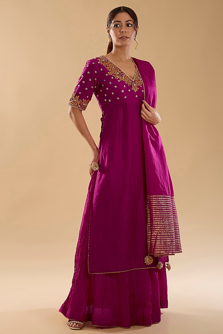 Hot Pink Pure Silk Chanderi Zardosi Embroidered Kurta Set by Sheetal Batra at Pernia's Pop Up Shop