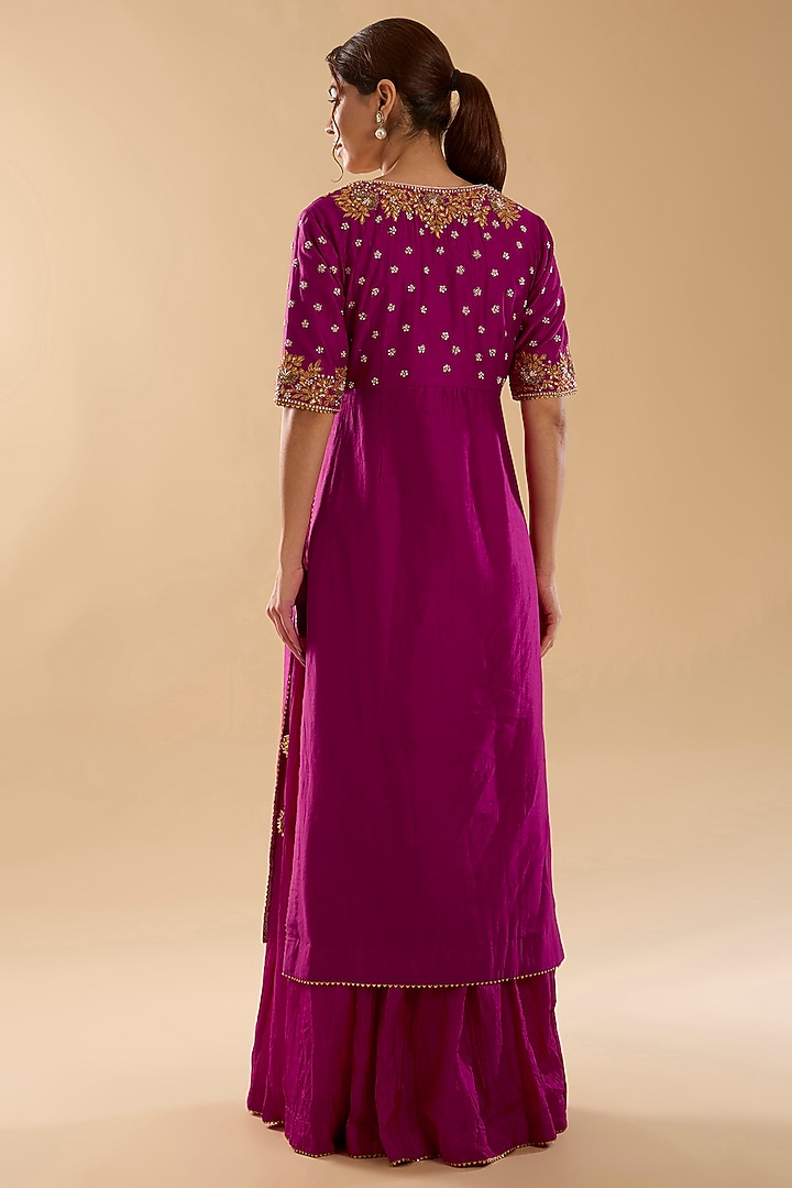 Hot Pink Pure Silk Chanderi Zardosi Embroidered Kurta Set by Sheetal Batra at Pernia's Pop Up Shop