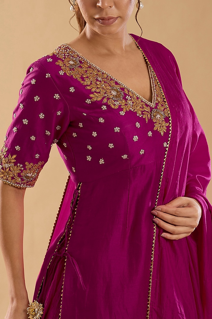 Hot Pink Pure Silk Chanderi Zardosi Embroidered Kurta Set by Sheetal Batra at Pernia's Pop Up Shop