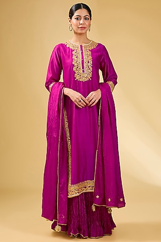 Pink Pure Silk Chanderi Zardosi Embroidered Straight Kurta Set by Sheetal Batra