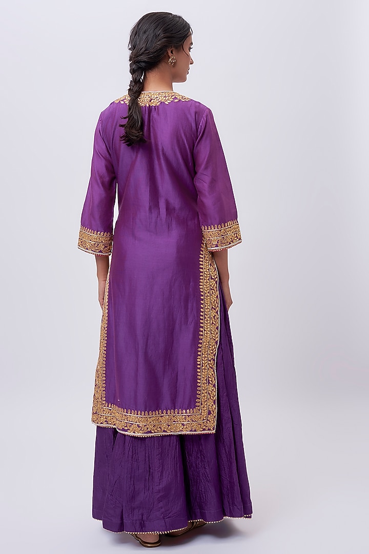 Purple Pure Silk Chanderi Zardosi Hand Embroidered Kurta Set by Sheetal Batra at Pernia's Pop Up Shop