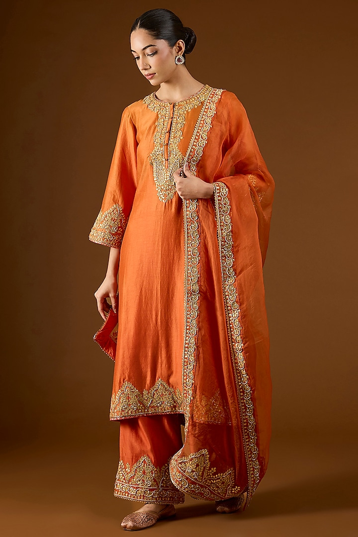 Orange Silk Chanderi Dabka Zardosi Embroidered Kurta Set by Sheetal Batra at Pernia's Pop Up Shop