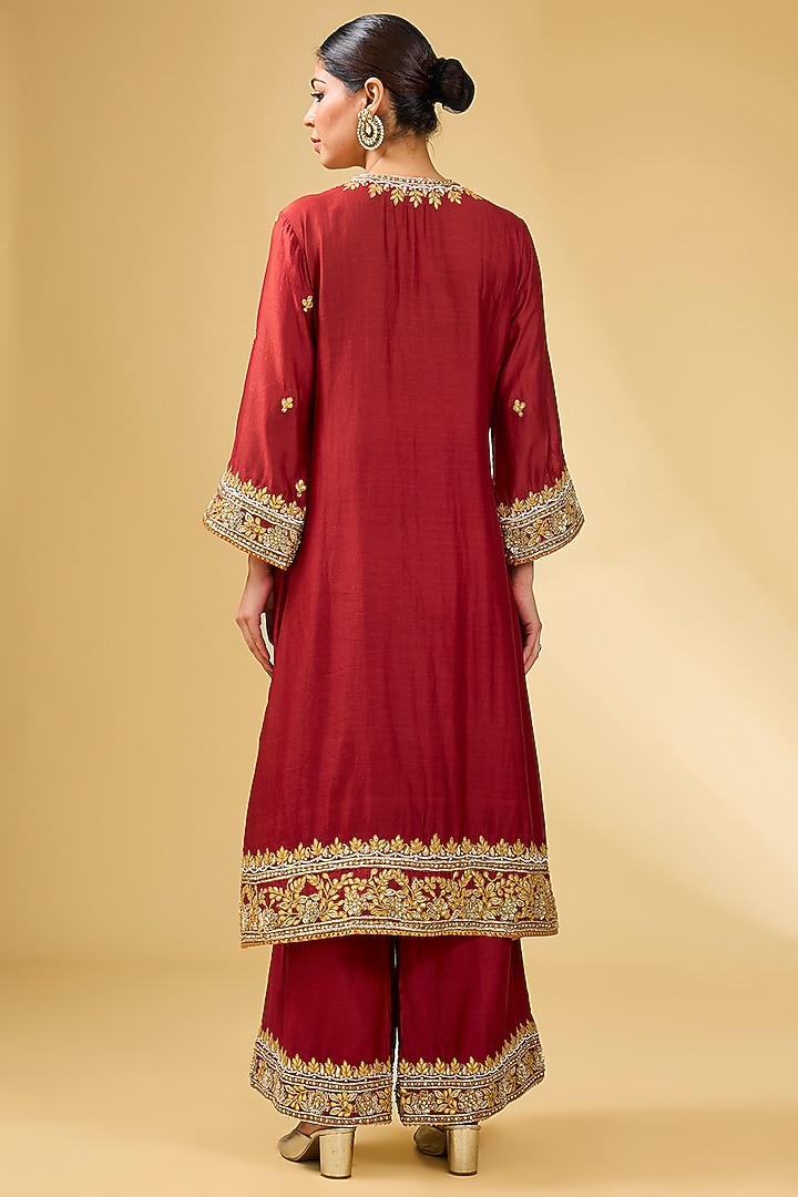 Red Silk Chanderi Dabka Embroidered Kurta Set by Sheetal Batra at Pernia's Pop Up Shop