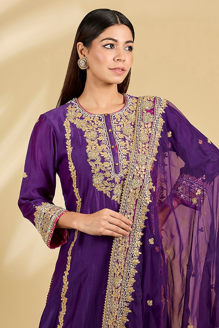 Purple Silk Chanderi Zardosi Embroidered Kurta Set by Sheetal Batra at Pernia's Pop Up Shop