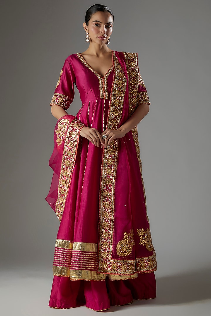Hot Pink Pure Silk Chanderi Gota Patti Embroidered Wedding Anarkali Set by Sheetal Batra at Pernia's Pop Up Shop