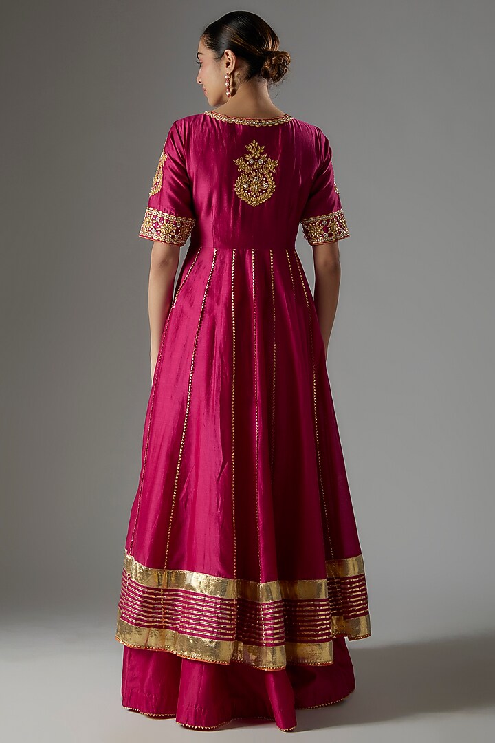 Hot Pink Pure Silk Chanderi Gota Patti Embroidered Wedding Anarkali Set by Sheetal Batra at Pernia's Pop Up Shop