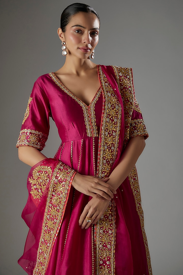Hot Pink Pure Silk Chanderi Gota Patti Embroidered Wedding Anarkali Set by Sheetal Batra at Pernia's Pop Up Shop