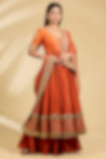 Orange Silk Chanderi Zardosi Embroidered Wedding Anarkali Set by Sheetal Batra at Pernia's Pop Up Shop