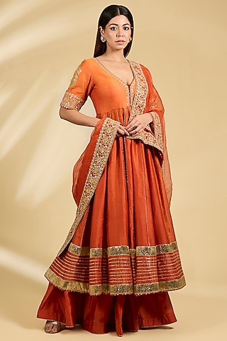 Orange Silk Chanderi Zardosi Embroidered Anarkali Set by Sheetal Batra
