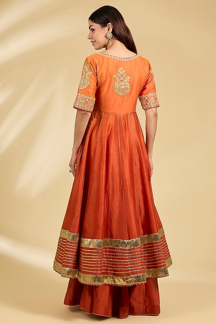 Orange Silk Chanderi Zardosi Embroidered Wedding Anarkali Set by Sheetal Batra at Pernia's Pop Up Shop