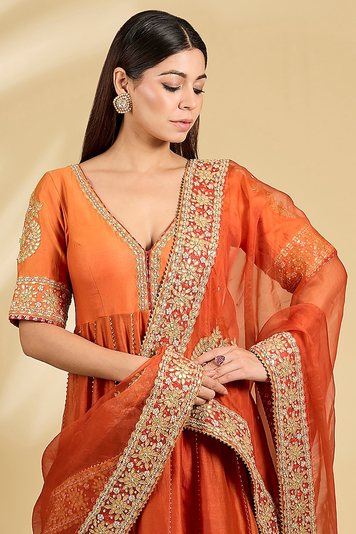Orange Silk Chanderi Zardosi Embroidered Wedding Anarkali Set by Sheetal Batra at Pernia's Pop Up Shop