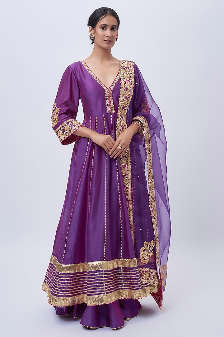 Purple Pure Silk Chanderi Zardosi Hand Embroidered Anarkali Set by Sheetal Batra at Pernia's Pop Up Shop