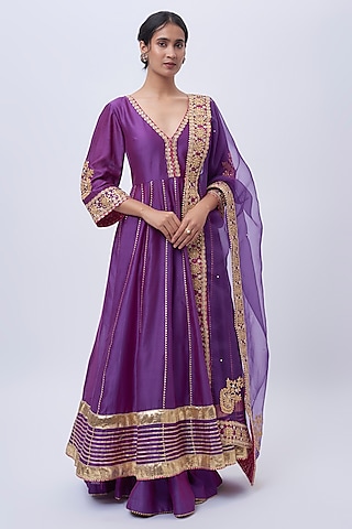 Purple Pure Silk Chanderi Zardosi Hand Embroidered Anarkali Set by Sheetal Batra