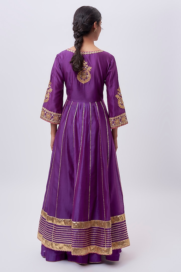 Purple Pure Silk Chanderi Zardosi Hand Embroidered Wedding Anarkali Set by Sheetal Batra at Pernia's Pop Up Shop
