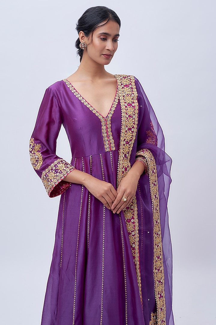 Purple Pure Silk Chanderi Zardosi Hand Embroidered Wedding Anarkali Set by Sheetal Batra at Pernia's Pop Up Shop