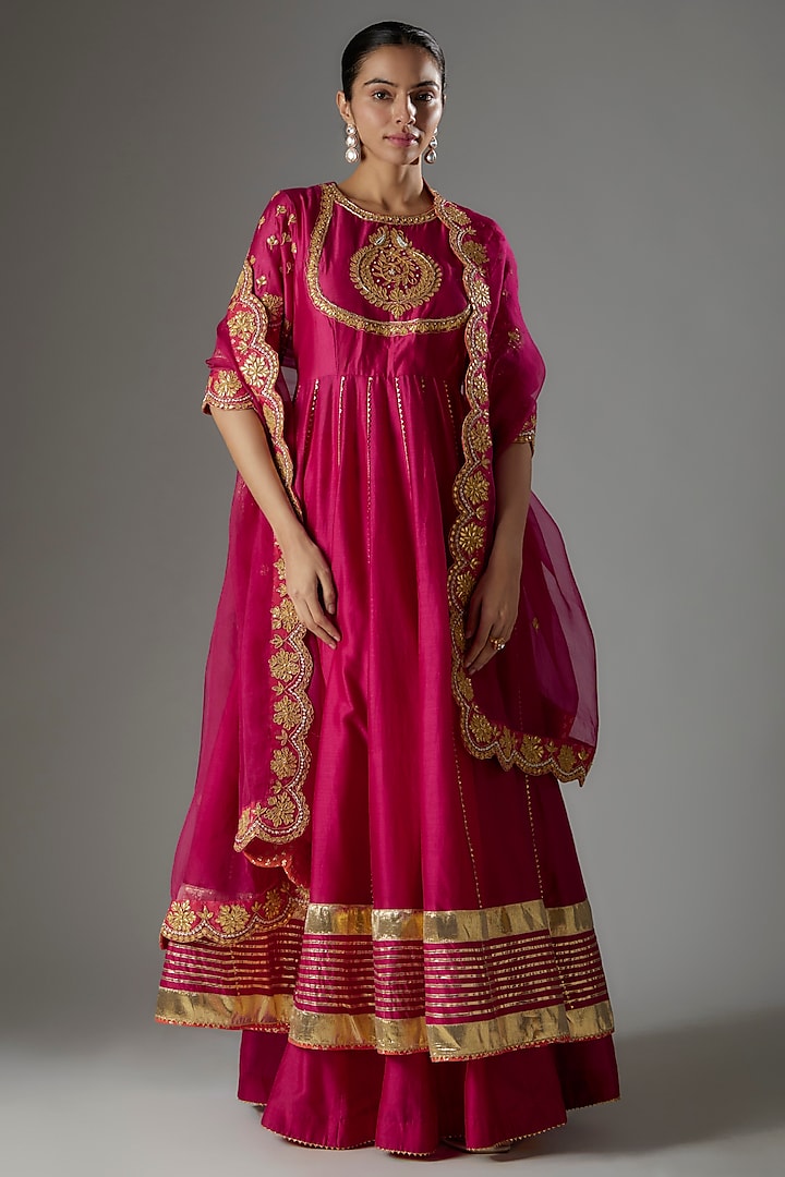 Hot Pink Pure Silk Chanderi Gota Patti Embroidered Wedding Anarkali Set by Sheetal Batra at Pernia's Pop Up Shop