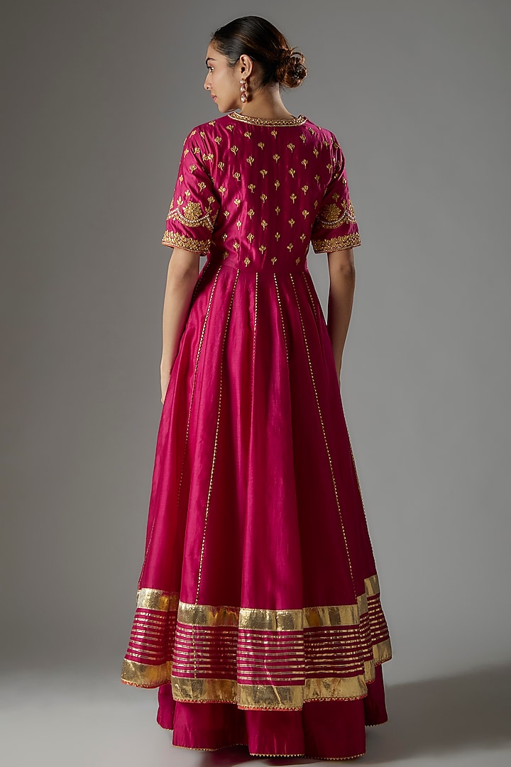 Hot Pink Pure Silk Chanderi Gota Patti Embroidered Wedding Anarkali Set by Sheetal Batra at Pernia's Pop Up Shop
