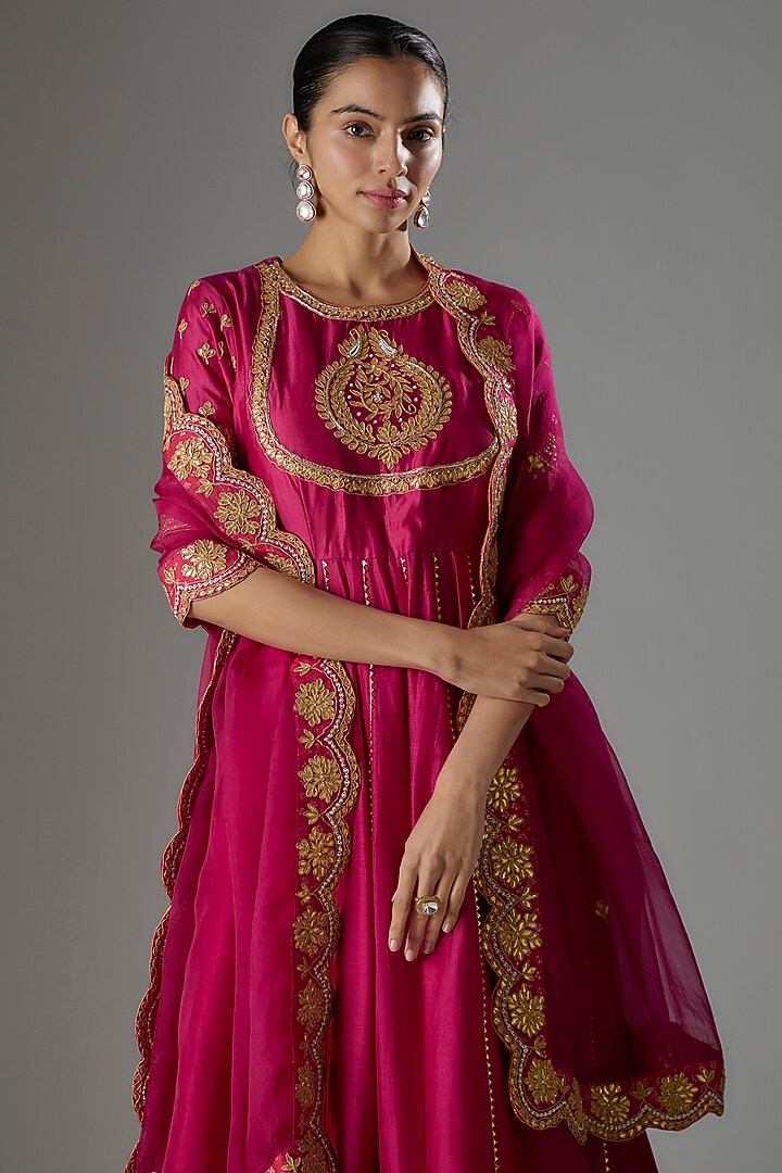 Hot Pink Pure Silk Chanderi Gota Patti Embroidered Wedding Anarkali Set by Sheetal Batra at Pernia's Pop Up Shop