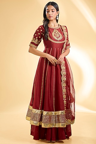 Red Silk Chanderi Dabka Zardosi Embroidered Kalidar Anarkali Set by Sheetal Batra