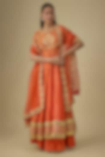 Orange Pure Silk Chanderi Gota Patti Embroidered Kalidar AnarkaIi Set by Sheetal Batra at Pernia's Pop Up Shop