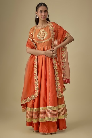 Orange Pure Silk Chanderi Gota Patti Embroidered Kalidar AnarkaIi Set by Sheetal Batra