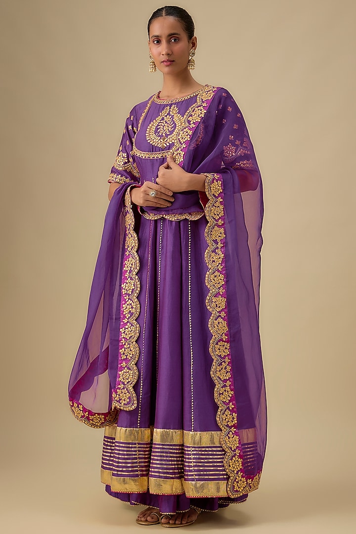 Purple Pure Silk Chanderi Dabka Zardosi Embroidered Kalidar Anarkali Set by Sheetal Batra at Pernia's Pop Up Shop
