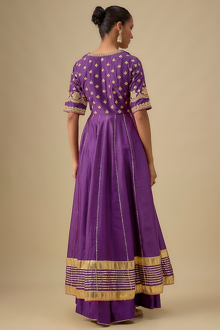 Purple Pure Silk Chanderi Dabka Zardosi Embroidered Kalidar Anarkali Set by Sheetal Batra at Pernia's Pop Up Shop