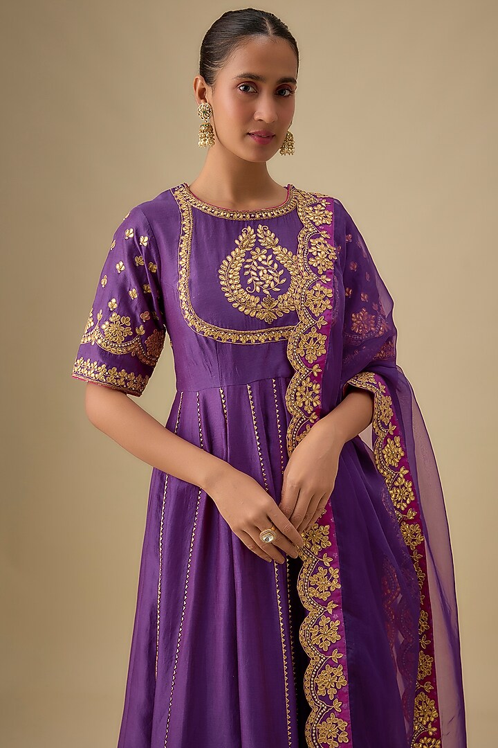 Purple Pure Silk Chanderi Dabka Zardosi Embroidered Kalidar Anarkali Set by Sheetal Batra at Pernia's Pop Up Shop