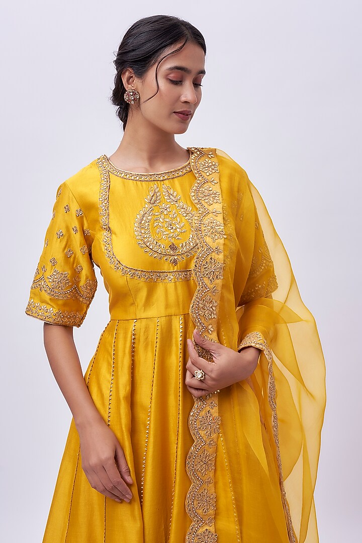 Yellow Pure Silk Chanderi Zardosi Hand Embroidered Wedding Anarkali Set by Sheetal Batra at Pernia's Pop Up Shop