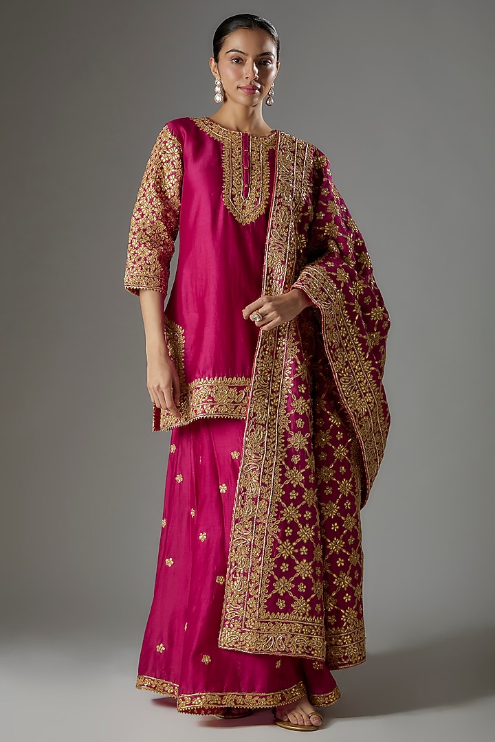 Hot Pink Pure Silk Chanderi Gota Patti Embroidered Kalidar Bridal Sharara Set by Sheetal Batra at Pernia's Pop Up Shop