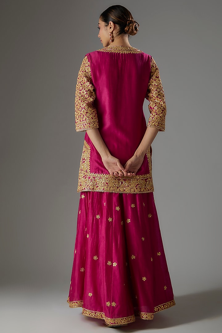 Hot Pink Pure Silk Chanderi Gota Patti Embroidered Kalidar Bridal Sharara Set by Sheetal Batra at Pernia's Pop Up Shop