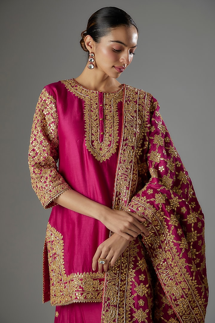 Hot Pink Pure Silk Chanderi Gota Patti Embroidered Kalidar Bridal Sharara Set by Sheetal Batra at Pernia's Pop Up Shop
