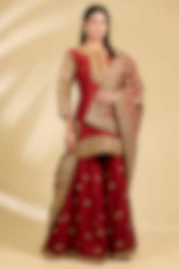 Red Silk Chanderi Embroidered Kalidar Bridal Sharara Set by Sheetal Batra at Pernia's Pop Up Shop