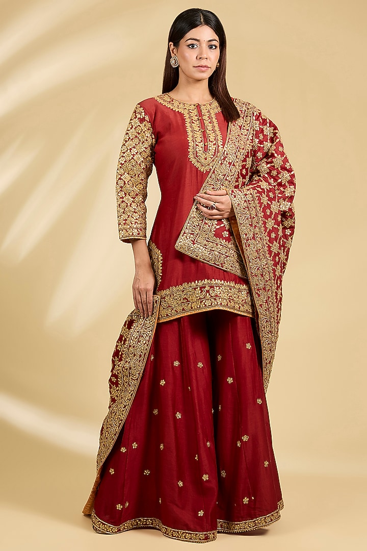 Red Silk Chanderi Embroidered Kalidar Bridal Sharara Set by Sheetal Batra at Pernia's Pop Up Shop