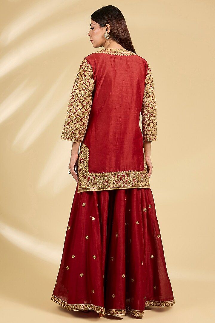 Red Silk Chanderi Embroidered Kalidar Bridal Sharara Set by Sheetal Batra at Pernia's Pop Up Shop