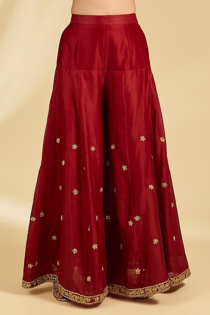 Red Silk Chanderi Embroidered Kalidar Bridal Sharara Set by Sheetal Batra at Pernia's Pop Up Shop