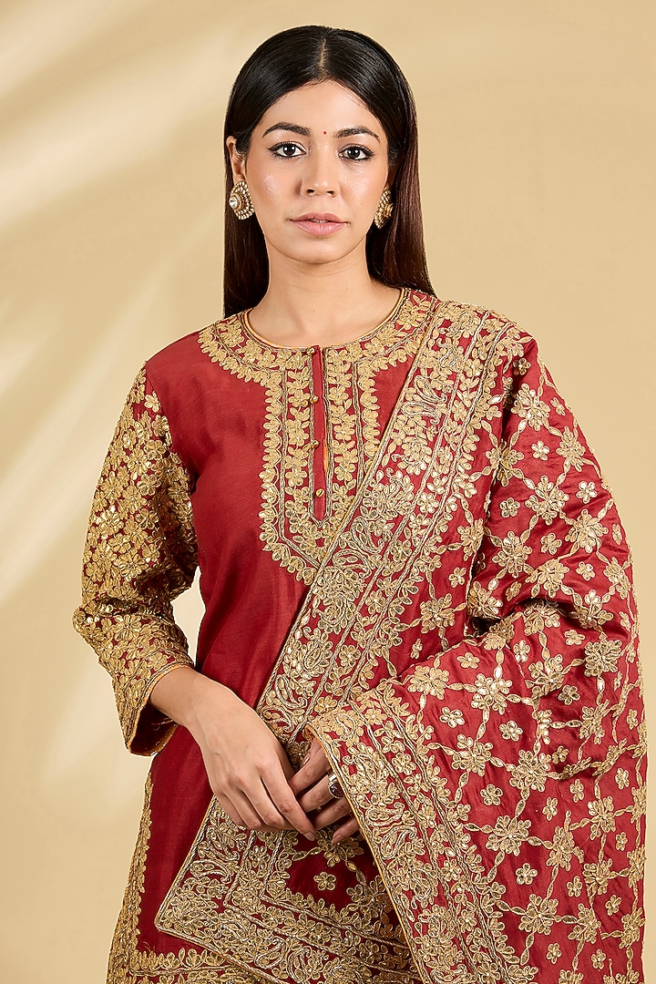 Red Silk Chanderi Embroidered Kalidar Bridal Sharara Set by Sheetal Batra at Pernia's Pop Up Shop