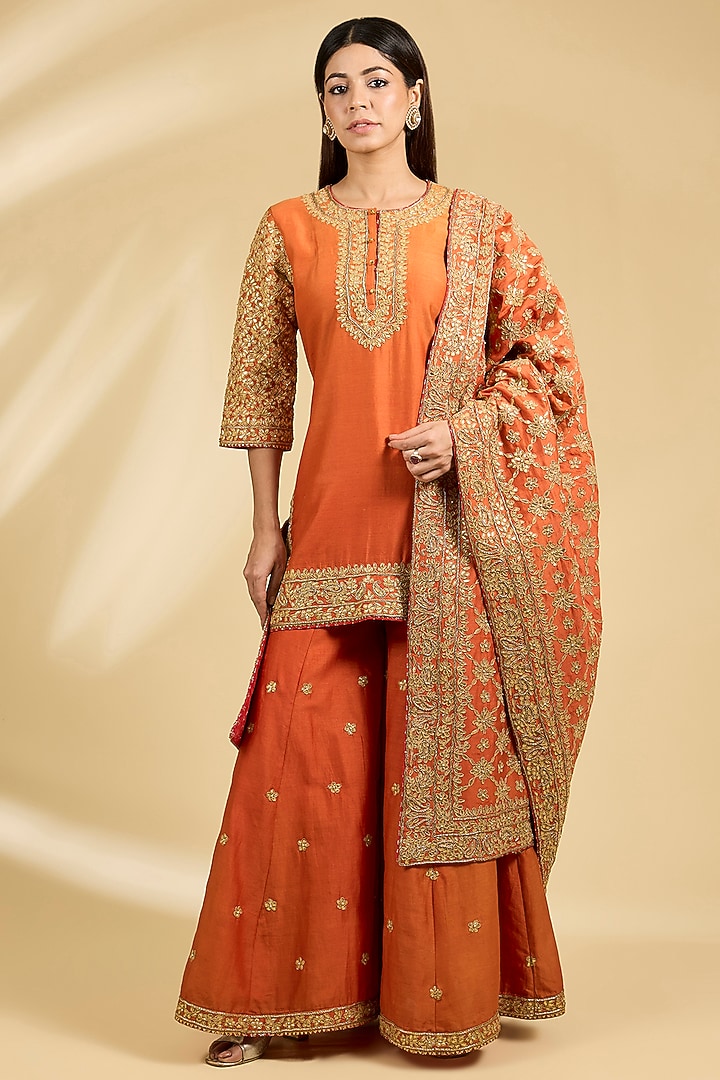 Orange Silk Chanderi Embroidered Kalidar Bridal Sharara Set by Sheetal Batra at Pernia's Pop Up Shop