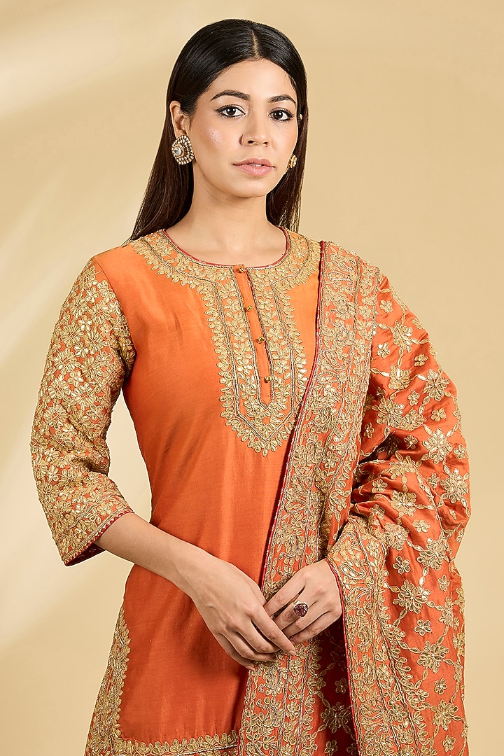 Orange Silk Chanderi Embroidered Kalidar Bridal Sharara Set by Sheetal Batra at Pernia's Pop Up Shop