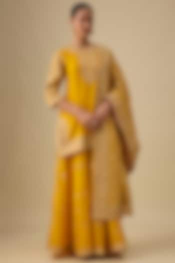 Yellow Pure Silk Chanderi Hand Embroidered Kalidar Bridal Sharara Set by Sheetal Batra at Pernia's Pop Up Shop
